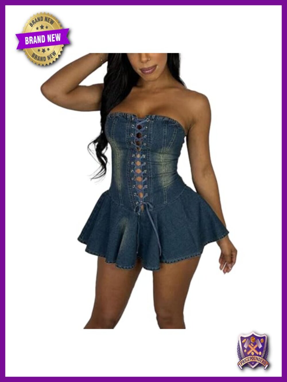 Strapless Denim Bodycon Mini Dress Ruffled Hem Corset Tube Dress